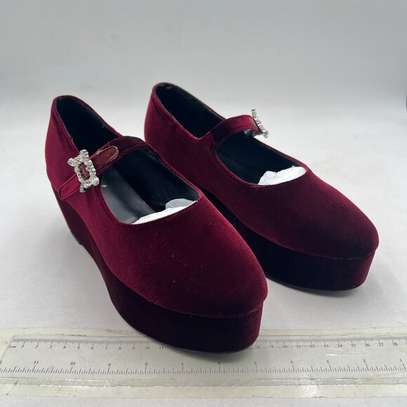 YDN Wine Platform Pointed Toe Wedge Heel Mary Jane Pumps Dress Buckle Soft Shoes - Picture 3 of 7